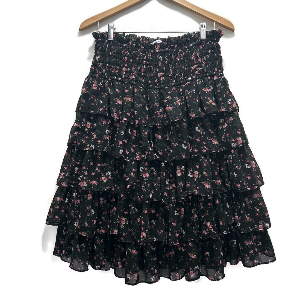 Yakira Bella Smocked Floral Black Ruffle Skirt S/L O/S